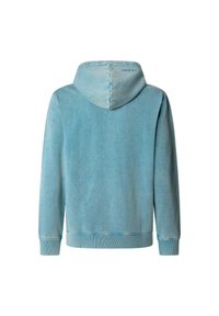 Lichtblauwe hoodie van een gestructureerde stof, met een kangaroozak aan de voorkant, een capuchon met trekkoord en ribbels aan de manchetten en het uiteinde.