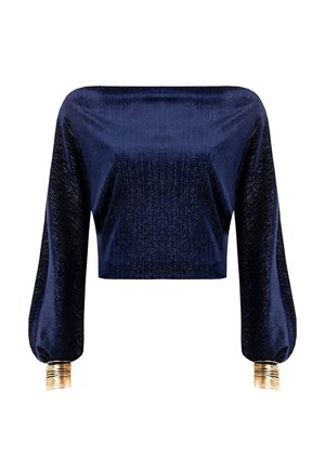 Marineblauwe cropped top met glanzende textuur, lange pofmouwen en gouden metallic manchetten. Soepele stof met geribbelde details op de mouwen.