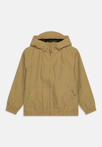 Giacca con cappuccio di colore marrone chiaro, realizzata in materiale leggero. Presenta polsini elasticizzati, una chiusura frontale con zip e un piccolo logo sul petto.