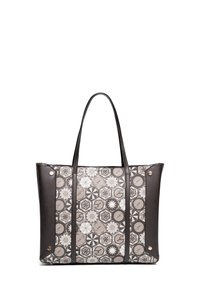 Brązowa skórzana torba na ramię z wzorzystym wnętrzem, które zawiera heksagonalne kształty, kwiatowe wzory i złotą metalową akcentację.