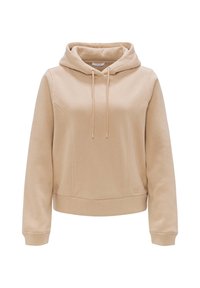 Felpa beige chiaro con cappuccio regolabile, maniche lunghe e tasca frontale. Presenta una texture morbida e dettagli di cucitura sottili.