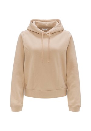 Felpa beige chiaro con cappuccio regolabile, maniche lunghe e tasca frontale. Presenta una texture morbida e dettagli di cucitura sottili.