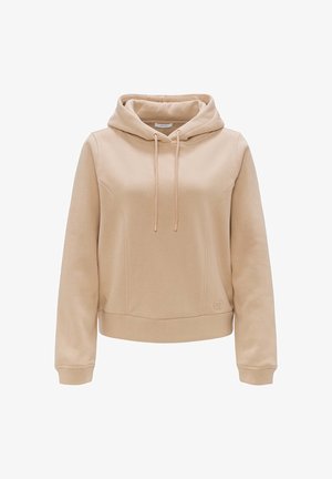 Haut à capuche beige clair avec cordon de serrage, manches longues et poche avant. Caractérisé par une texture douce et des détails de couture subtils.