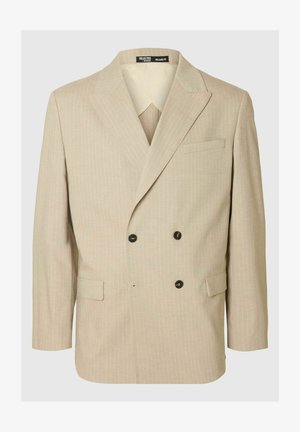 Bežna dvoredna blejzerica z diskretnimi svetlimi črtami, širokimi reverji, zapiranjem na dva gumba in žepom na prsih. Prilagojena, sproščena silhueta.