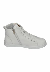 White leather high-top sneakers with laces and side zippers, featuring a textured surface and rubber soles. Simple and modern design.