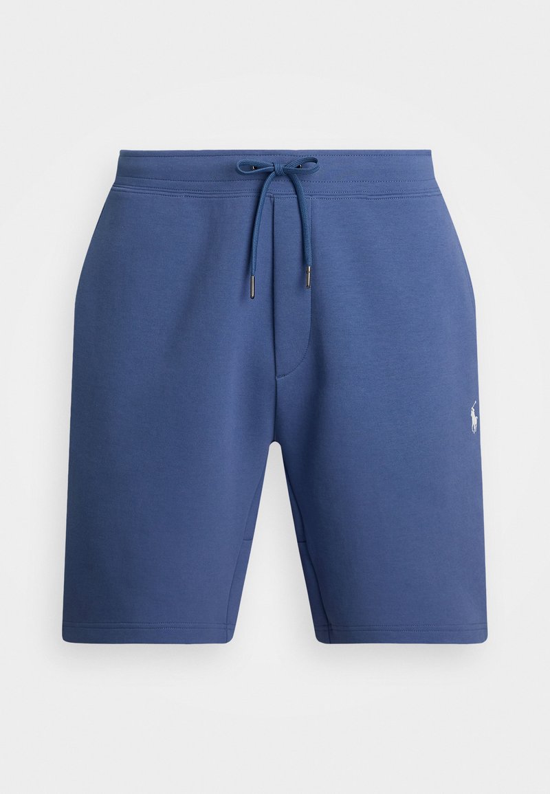 Marineblå svedshorts lavet af blødt stof, med et elastisk talje bånd med snor, sidelommer og en lille logo detalje.
