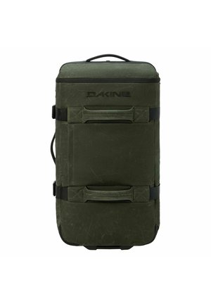 Dunkelgrüne rechteckige Reisetasche auf Rädern mit zwei horizontal gepolsterten Griffen, einem oberen Tragegriff und Dakine-Logo auf der Vorderseite.