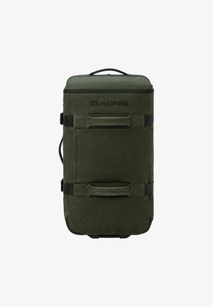 Dunkelgrüne rechteckige Reisetasche auf Rädern mit zwei horizontal gepolsterten Griffen, einem oberen Tragegriff und Dakine-Logo auf der Vorderseite.