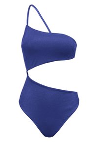 Bikini z enim ramenom v enotni kraljevo modri barvi, ki se ponaša z izrezanim dizajnom in silhueto z visokim izrezom ter rahlo teksturirano tkanino.