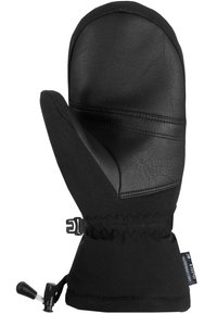 Des gants noirs en cuir et en tissu doux, dotés d'une surface texturée, d'un poignet élastique et d'un cordon de serrage pour un ajustement sécurisé.
