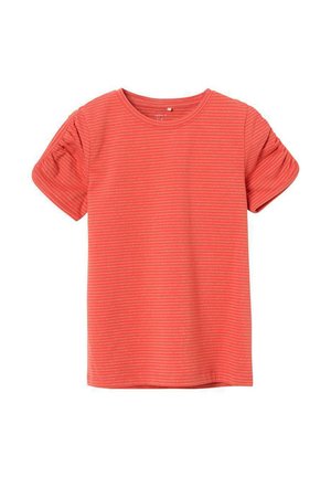 T-shirt à manches courtes en corail avec des rayures blanches horizontales, col rond et manches bouffantes, fabriqué en coton doux.
