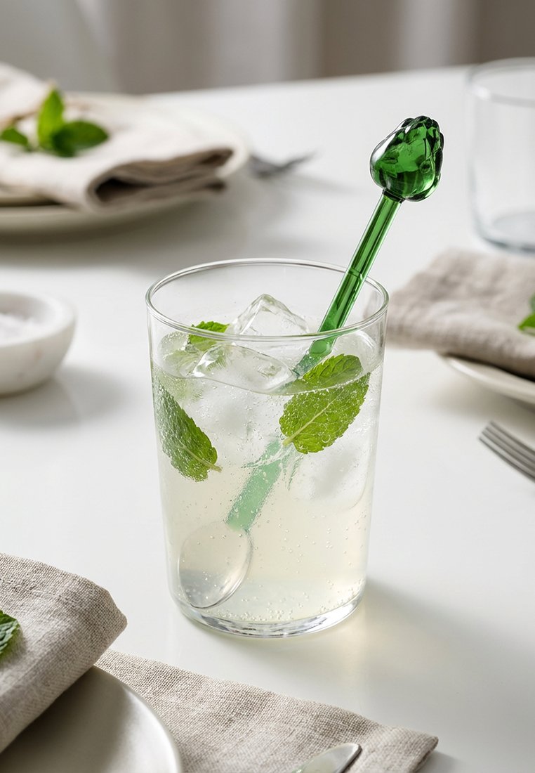 Szklanka z lodem, liśćmi mięty oraz zieloną szklaną łyżką do mieszania w kształcie podniesionej pięści na białym stole, obok talerze i serwetki.
