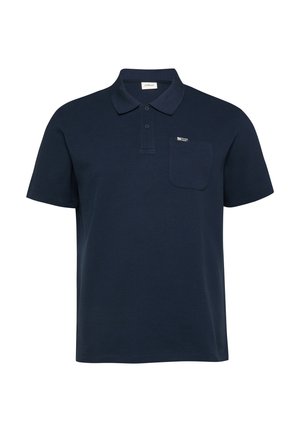 Polo a maniche corte blu navy con due bottoni, una tasca sul petto e un piccolo logo bianco sulla tasca.