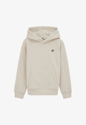 Felpa con cappuccio beige realizzata in tessuto morbido, dotata di tasca a marsupio e un piccolo logo nero sul petto. Polsini e orlo a costine.