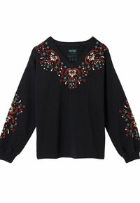 Schwarzes Sweatshirt mit langen Ärmeln und V-Ausschnitt, verziert mit buntem floralen Stickerei in Rot, Creme und Türkis rund um den Halsausschnitt und die Ärmel.