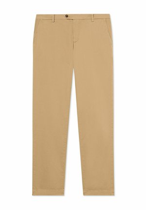 Beige rechte broek met steekzakken, riemlussen en een knoopsluiting in de taille.