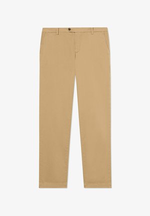 Pantalon beige à jambes droites avec poches avant, passants de ceinture et bouton de fermeture à la taille.