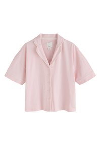 Top de pijama roz deschis cu mâneci scurte și nasturi, cu margini albe de-a lungul gulerului și mânecilor, afișat pe un fundal alb.