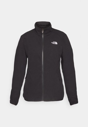 Zwarte fleecetrui met een hoge kraag, voorrits en twee zijzakken. Heeft een wit logo op de linkerborst. Zachte textuur.