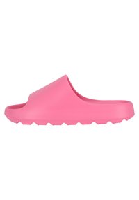 Rosa gummislidsandal med en buet overdel, åben tå-design og tekstureret sål med små, runde fremspring for bedre greb.