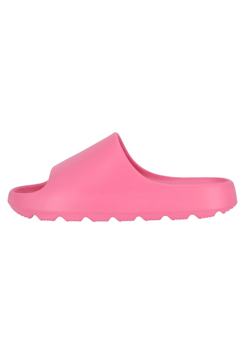 Rosa gummislidsandal med en buet overdel, åben tå-design og tekstureret sål med små, runde fremspring for bedre greb.