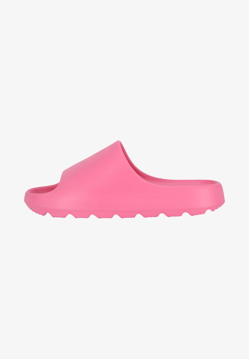 Roze rubberen slidesandaal met een gebogen bovenkant, open teenontwerp en een getextureerde zool met kleine, ronde uitsteeksels voor grip.