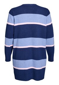 Pull bleu marine avec des rayures horizontales alternées de bleu clair et de rose. Manches longues, texture douce et col rond.