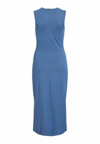 Robe longue bleue sans manches avec col montant et fermeture éclair dans le dos, silhouette cintrée, vue de dos sur fond blanc.