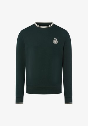 Sweatshirt vert foncé à col rond, avec un col et des poignets côtelés. Il présente des rayures blanches en accent et un petit logo brodé sur la poitrine.