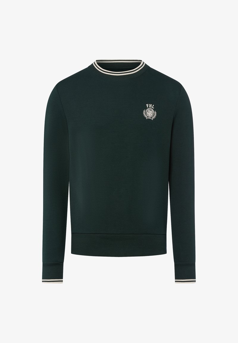 Donkergroen sweatshirt met een ronde halslijn, ribgebreide kraag en manchet. Bevat witte accentstrepen en een klein geborduurd logo op de borst.