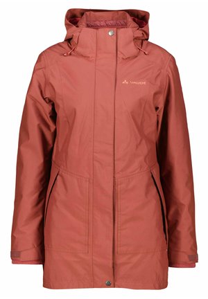 Red waterproof jacket with a hood, zippered front, and two side pockets. Made of smooth material with adjustable features and a logo detail.