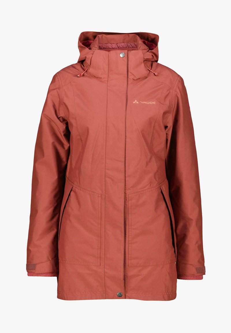 Rote wasserdichte Jacke mit Kapuze, Reißverschluss vorne und zwei Seitentaschen. Hergestellt aus glattem Material mit verstellbaren Eigenschaften und einem Logodetail.