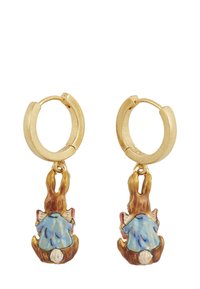 Gold hoop earrings with a dangling rabbit figure, detailed in brown and blue, featuring a textured finish and colorful accents.