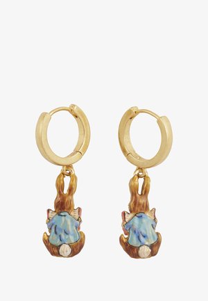 Gold hoop earrings with a dangling rabbit figure, detailed in brown and blue, featuring a textured finish and colorful accents.