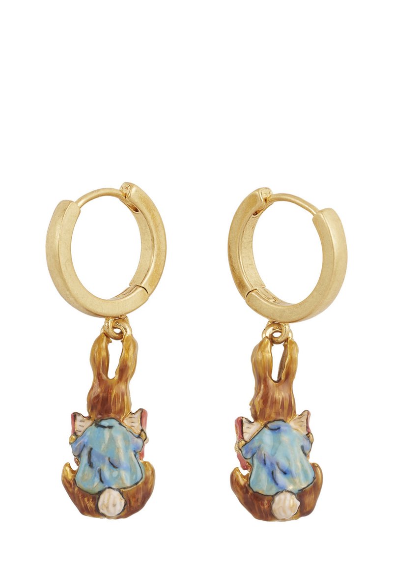 Gold hoop earrings with a dangling rabbit figure, detailed in brown and blue, featuring a textured finish and colorful accents.