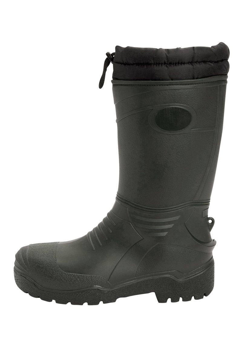 Black waterproof rubber boot with a padded top, textured surface, and durable sole. Features a pull tab and decorative grooves for grip.