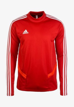 Roter Adidas Langarm-Sportpullover mit weißen drei Streifen an den Ärmeln und kleinem weißem Adidas-Logo auf der Brust.