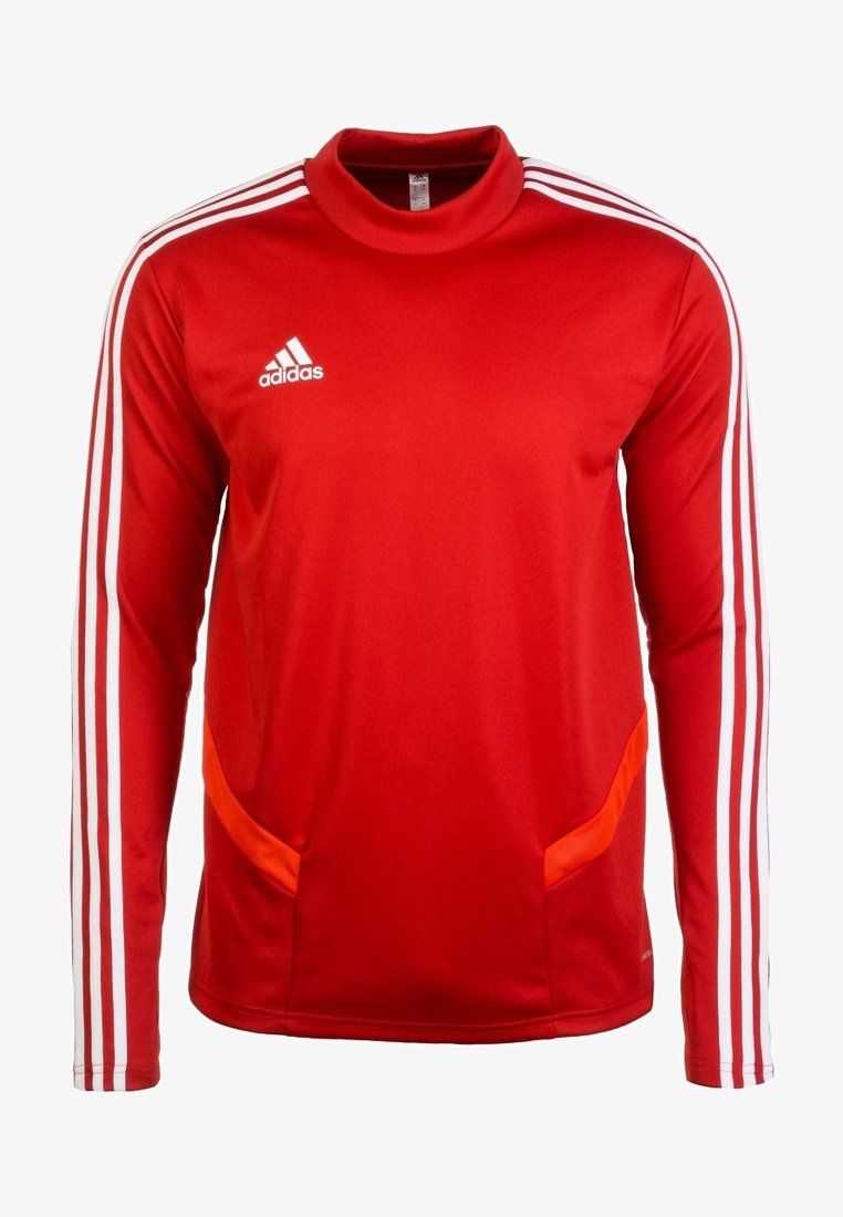 Pull de sport rouge Adidas à manches longues avec trois bandes blanches sur les manches et petit logo Adidas blanc sur la poitrine.