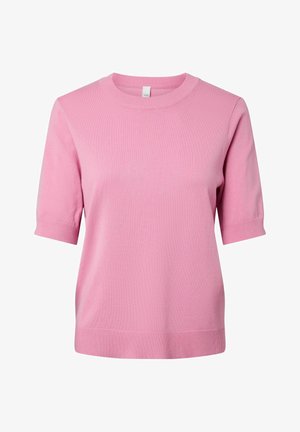 Pink short-sleeve knit sweater with crew neck and ribbed cuffs and hem, displayed against a white background.