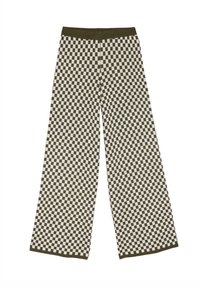 Pantalons à jambes larges en tissu doux, présentant un motif damier vert et blanc. La taille élastique offre confort et facilité à porter.