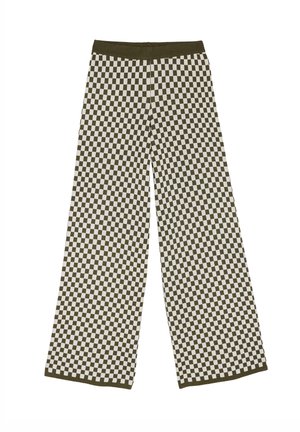 Pantalons à jambes larges en tissu doux, présentant un motif damier vert et blanc. La taille élastique offre confort et facilité à porter.