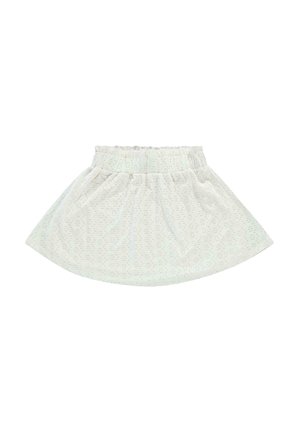 Witte rok met een elastische tailleband, met een uitlopende voorkeur en kleine stippenpatronen in pastelkleuren. Zachte stof met een gladde textuur.