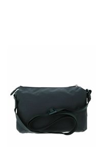 Borsa a tracolla nera con trama, chiusura con zip e tracolla regolabile. Forma rettangolare con bordi arrotondati, con dettagli hardware minimalisti.