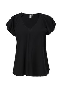 Blouse noire à manches courtes avec manches volantées et col en V, taille 36, présentée sur un fond blanc.