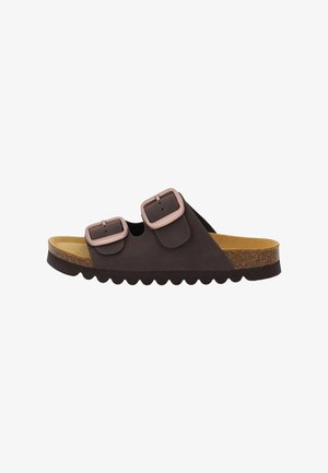 Brown two-strap slide sandal with adjustable buckles, cork footbed, and black scalloped sole for casual wear.