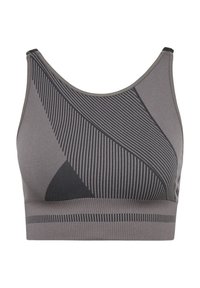 Grå sport-bh med en texturerad design som har diagonala och randiga mönster. Justerbara axelband och en bred underdel för stöd.