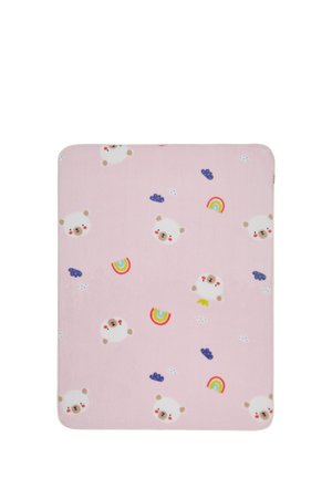Pink baby blanket with smiling white bear faces, colorful rainbows, and small blue and white cloud patterns.