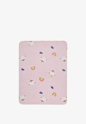 Pink baby blanket with smiling white bear faces, colorful rainbows, and small blue and white cloud patterns.