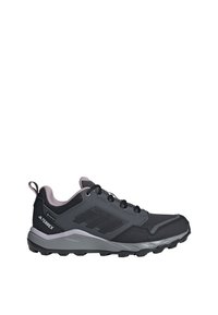 Chaussure de randonnée noire avec des accents gris, tige en mesh pour la respirabilité, semelle extérieure en caoutchouc robuste et col rembourré pour le confort.