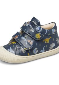 Námořnické kožené tenisky s dinosaurími vzory. Mají dvě suché zipy, texturovanou gumovou podešev a kontrastní béžové detaily.